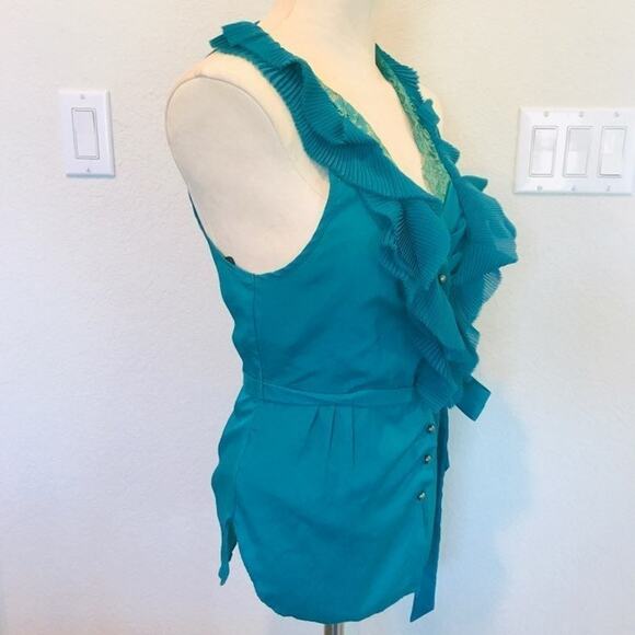 Layered Ruffle Teal Button up wrap sleeveless lightweight Blouse womens small - Picture 3 of 6